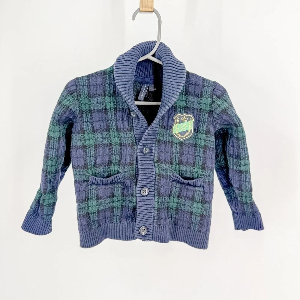 Janie and Jack Plaid Crest patch cardigan and pants
